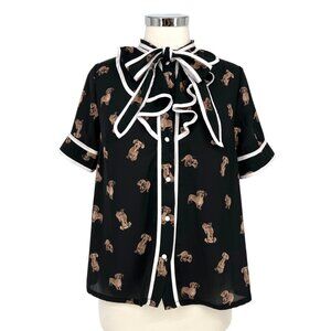 The Moon Dachshund Dog Print Bow Neck Retro Style Blouse Black Size Large